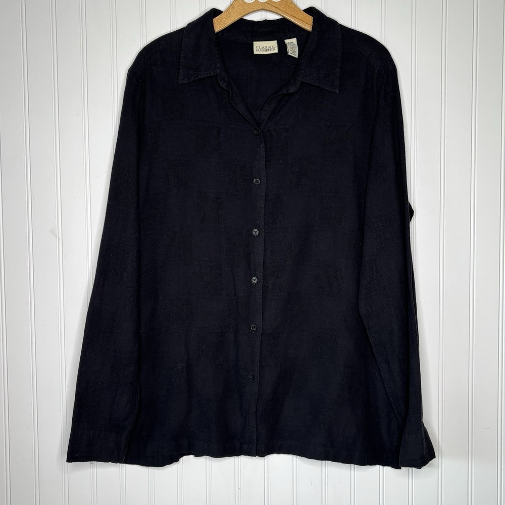 Vtg Classic Element Shirt LG 14/16 Black Button Up Linen Cotton Blend Broadcloth
